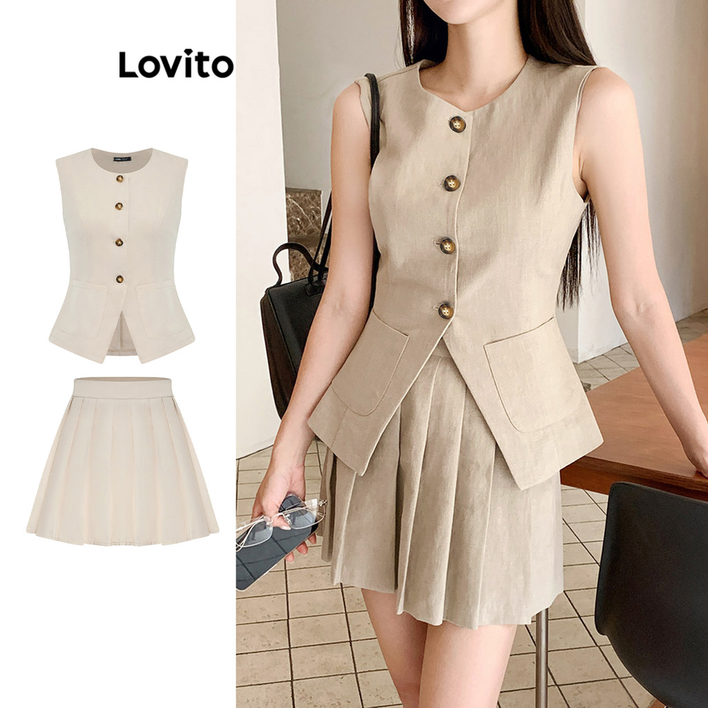 Lovito ชุดกางเกงขาสั้นกระดุมหน้าธรรมดาสำหรับผู้หญิง L105MD657