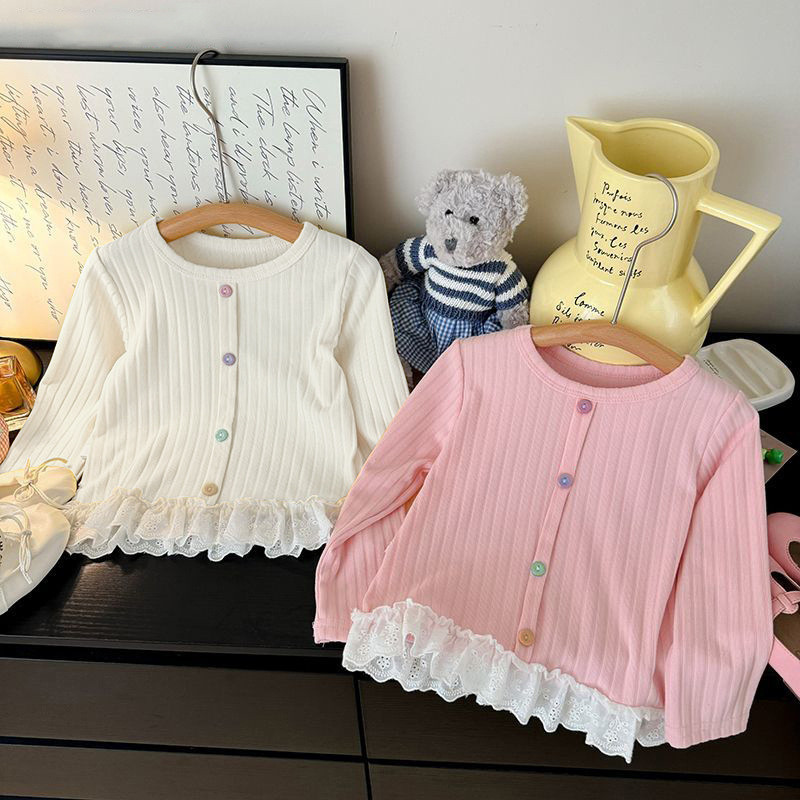 [เฮ้] 80-150 สาวลูกไม้ด้านบนเด็กปุ่มสีหวานแขนยาวเสื้อยืดสาวเด็กฤดูใบไม้ร่วงเสื้อผ้า