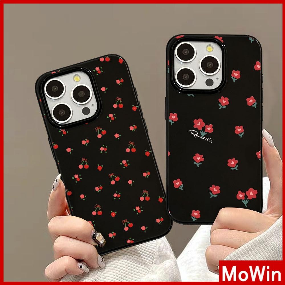 Mowin - สำหรับ iPhone 16 Pro Max เคส ไอโฟน สีดำมัน TPU ซอฟท์เคส กันกระแทกกล้องป้องกัน ดอกไม้และเชอร์รี่ เข้ากันได้กับ With iPhone 15 14 13 12 Pro Max 11 XR XS Max 7 8Plus
