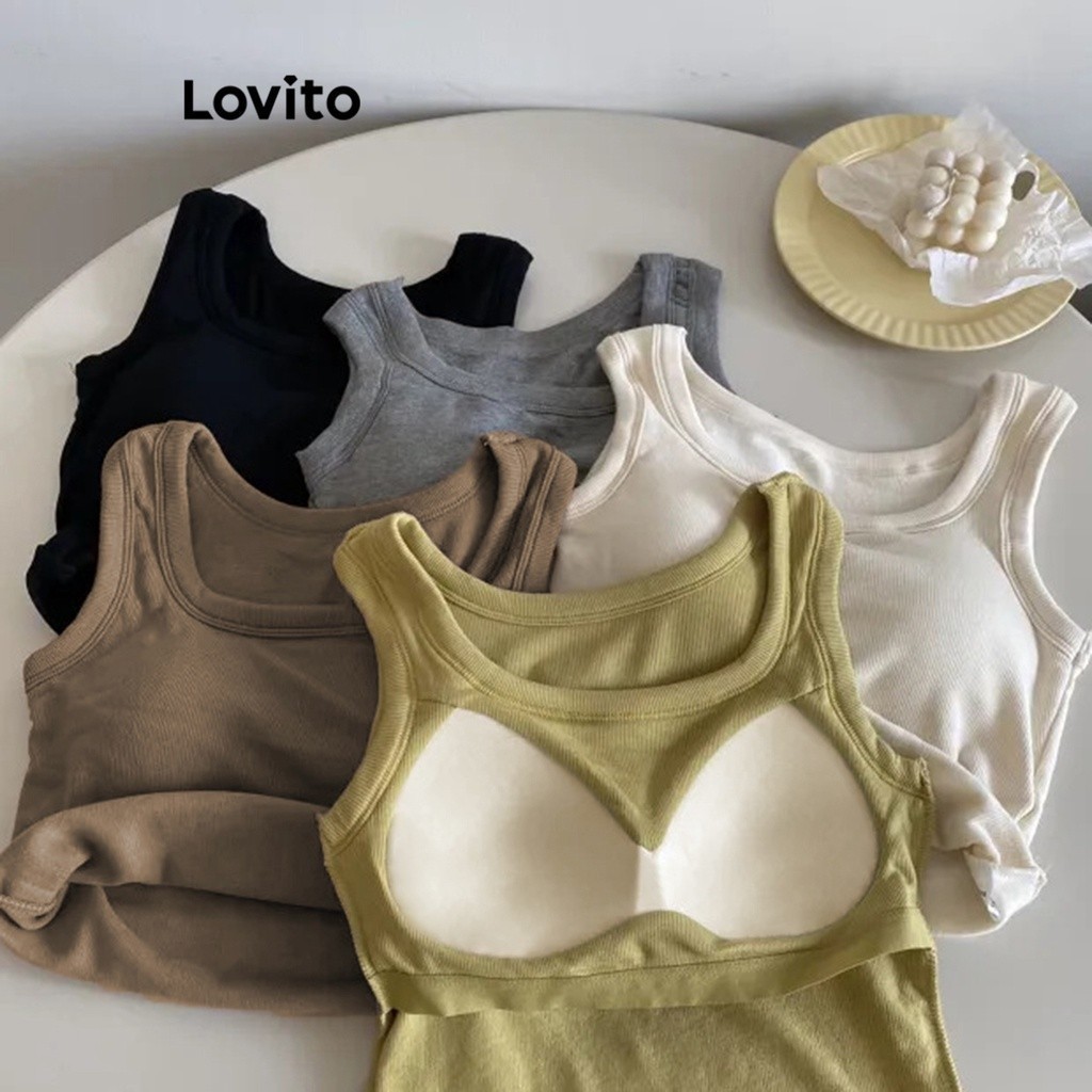 Lovito เสื้อแขนกุด เบสิก สีพื้น สไตล์ลำลอง สำหรับผู้หญิง LNE16170 (สีกาแฟ/สีขาว)