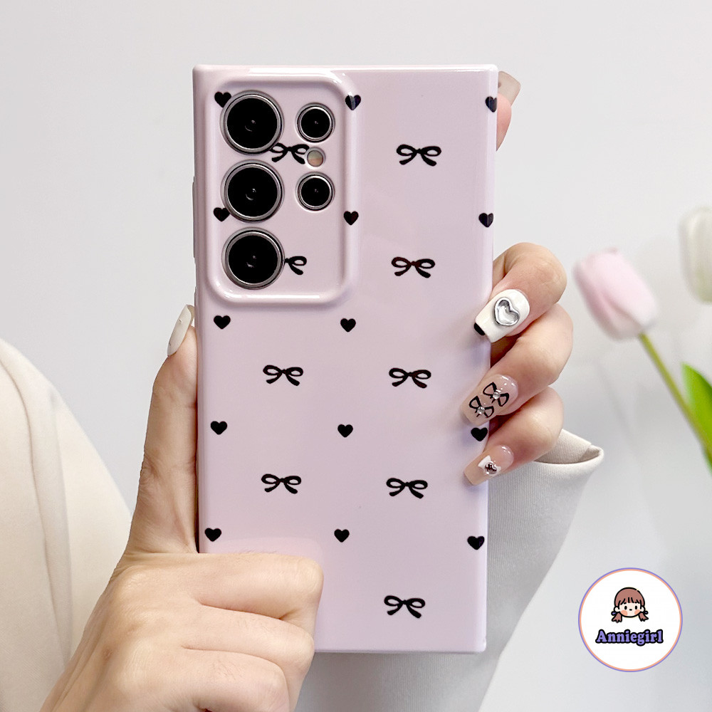 แฟชั่น Black Love Bow เคสโทรศัพท์สําหรับ Samsung S24Ultra S23 Plus S22 Ultra A14 A54 A12 A13-4G A21S A23 A53-5G Glossy Scratch-proof Hard โทรศัพท์ปกหลัง