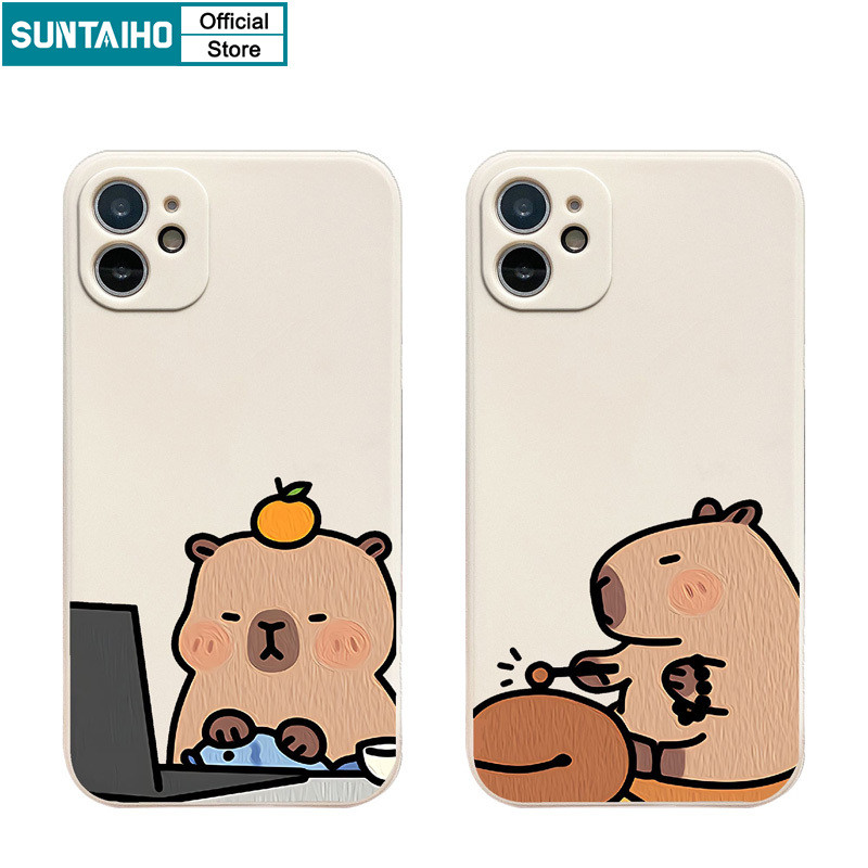 Suntaiho ตลกน่ารักปลอกปลาไม้ Capybara รูปแบบเคสโทรศัพท์สําหรับ Iphone 16 15 14 13 12 11 Pro Max IP 7 8 Plus Iphon X Xs XR Xs Max ซิลิคอนนุ่มพรีเมี่ยมกันกระแทกปกหลัง