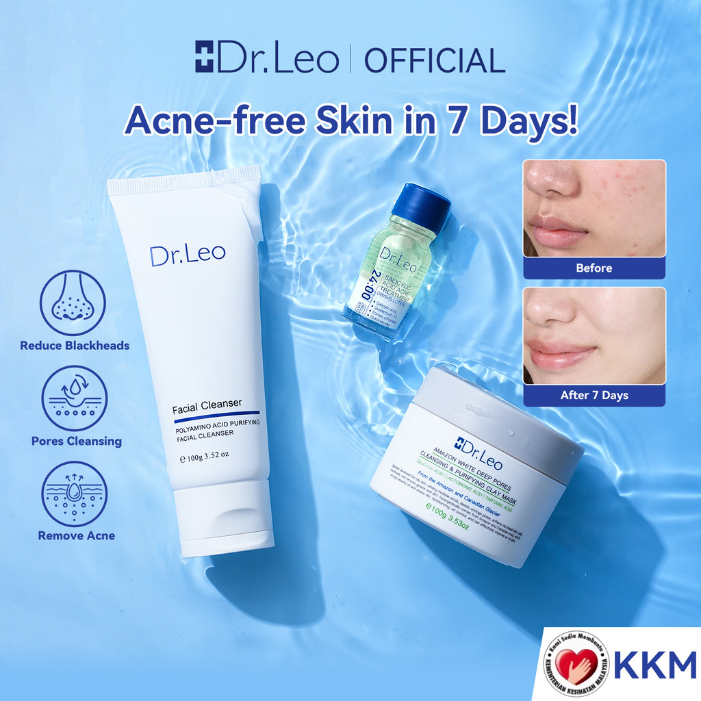 Dr.Leo 3pcs Polyamino Acid Purifying Facial Cleanser-80g เหมาะสำหรับทุกสภาพผิว +Dr.Leo White Clay Deep Pore Cleaning Clay Mask สำหรับบำรุงผิวหน้า Facial blackhead cleansing pores+Dr.Leo Acne Plus Drying Lotion-10ml ช่วยฟื้นฟูผิวที่มี