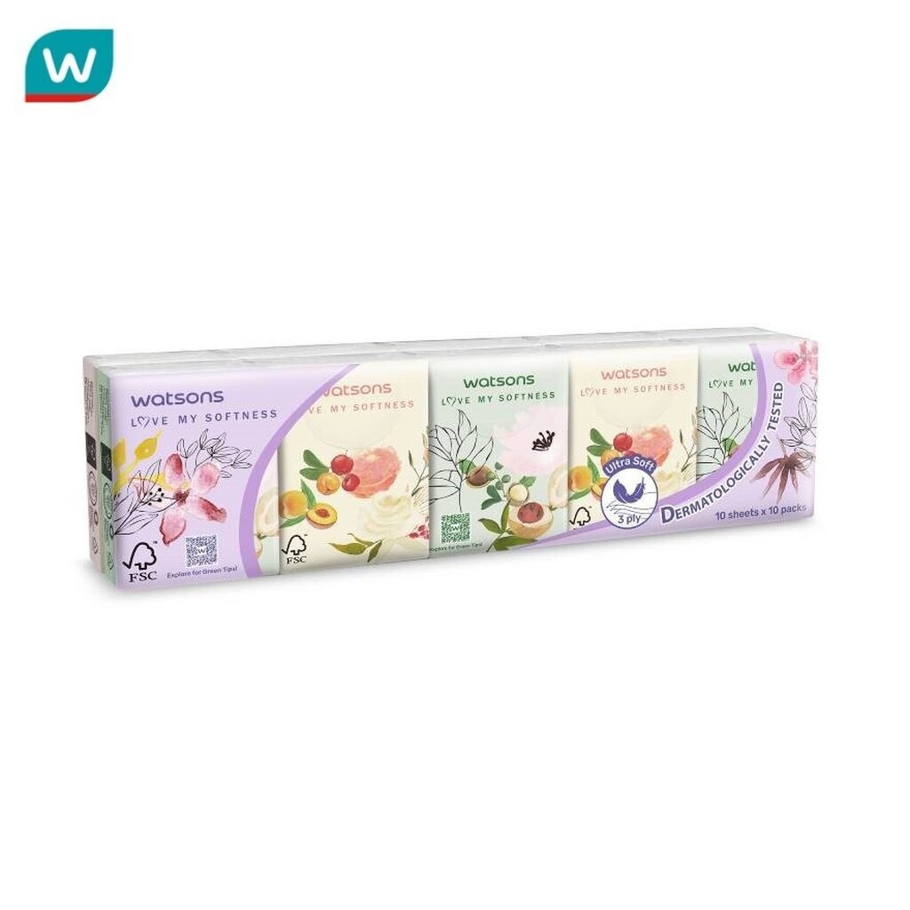 Watsons วัตสัน กระดาษทิชชูแบบพกพา X-flower2 3 ชั้น 10 แผ่น x 10 ซอง.