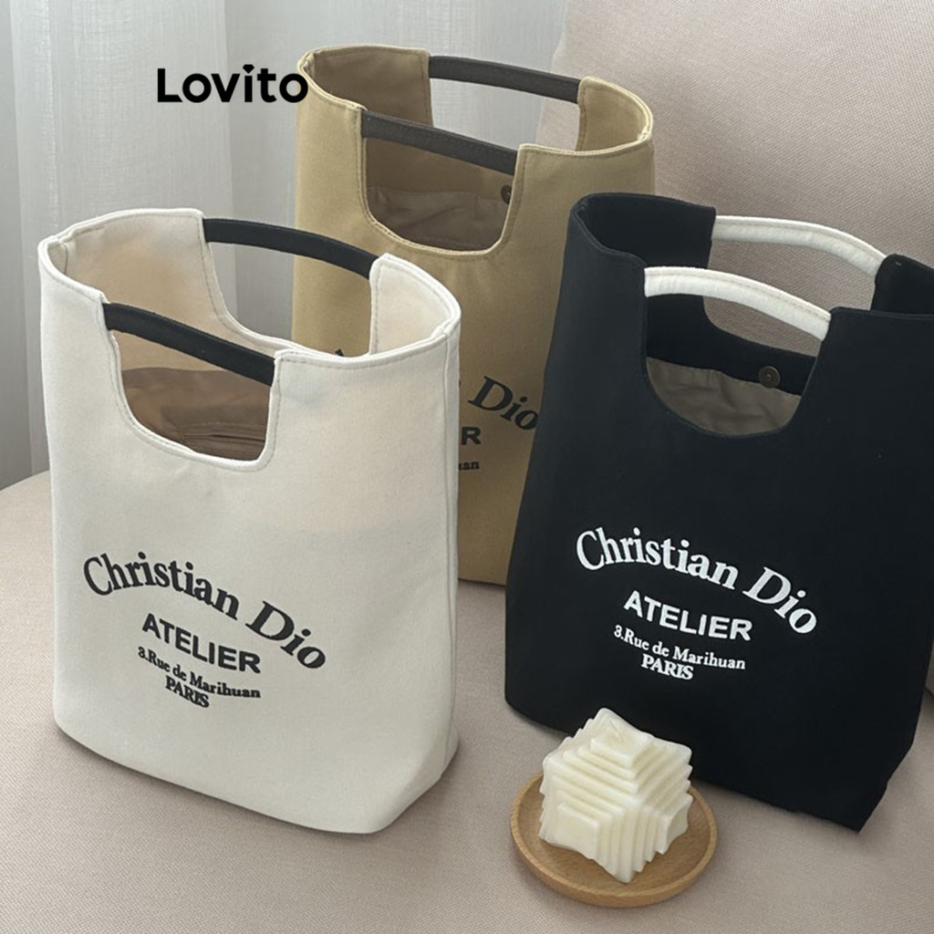 Lovito ผู้หญิงธรรมดาพกติดตัวไปด้วยเมื่อออกไปข้างนอกผ้าใบวรรณกรรมทำงานแต่งหน้ากระเป๋าแม่นักเรียนกล่องอาหารกลางวันสบาย ๆ กระเป๋าผ้าลำลองสำหรับผู้หญิง LFA49318