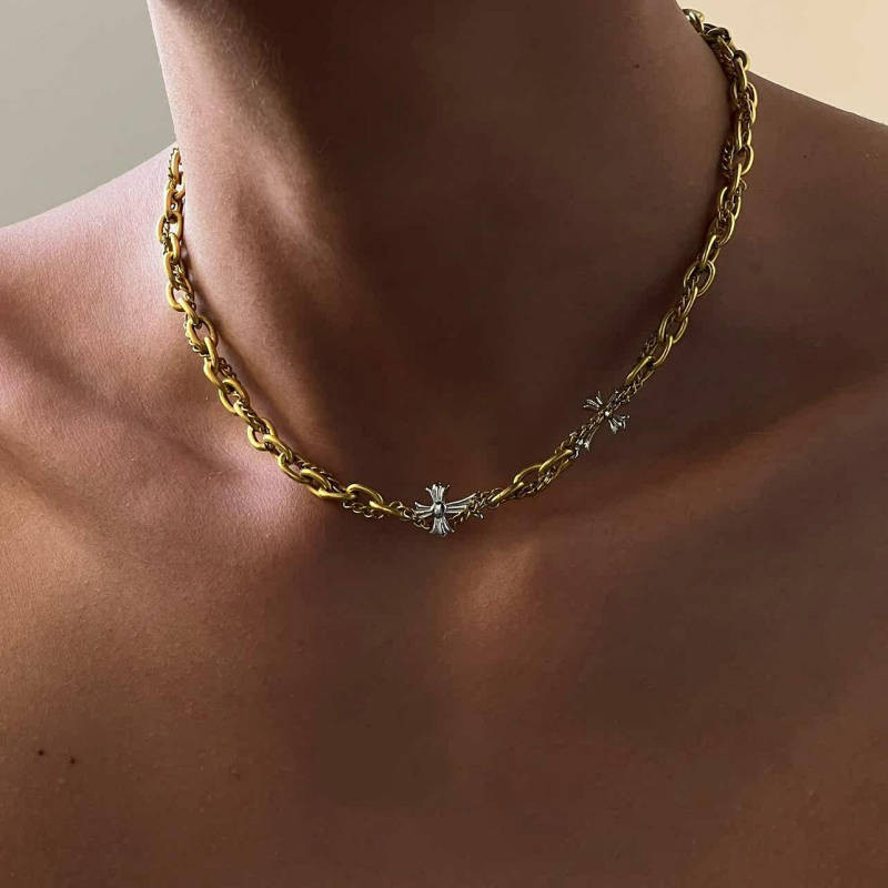 Cross California Matte Gold Double-Layer Titanium Steel Necklace Men's Hip Hop Special-Interest Design Retro All-Match Clavicle Chain Women xyOU