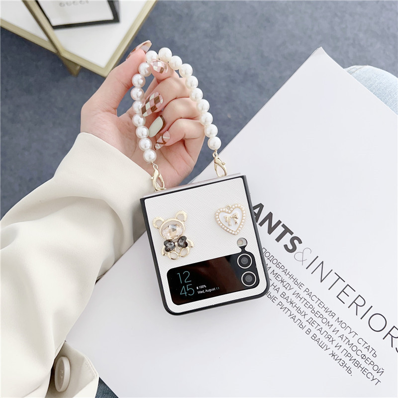 Luken เกาหลี Diy น่ารักหมีสร้อยข้อมือมุกซองหนังสําหรับ Samsung Galaxy Z FLIP 6 สําหรับ Galaxy Z FLIP