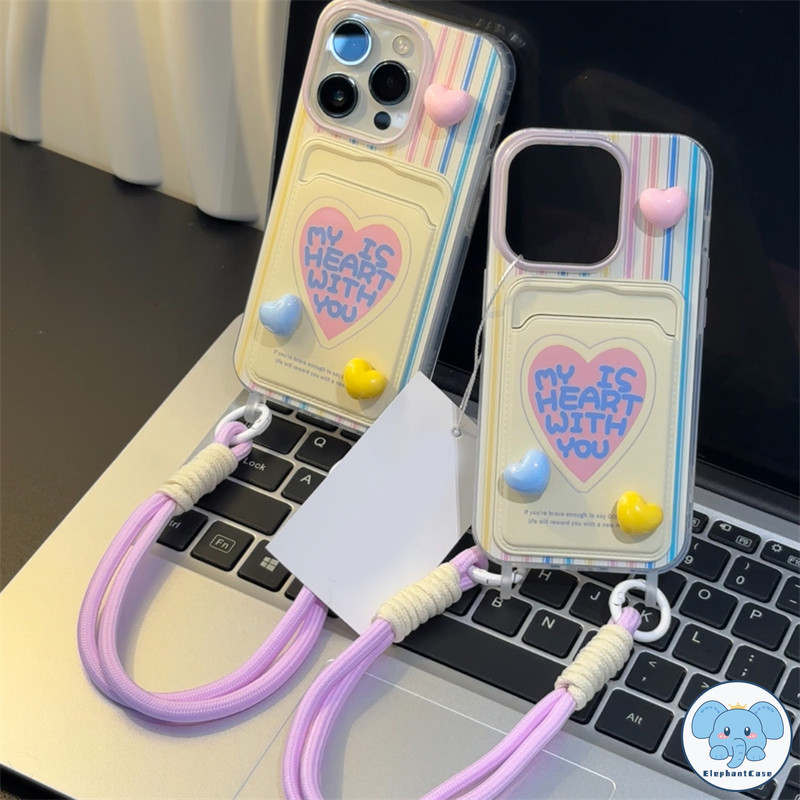 แฟชั่นภาษาอังกฤษรักหัวใจเข้ากันได้เคสไอโฟน16 13 11 15 12 14 XR Pro Max X XS Max 7 8 16 Plus SE เชือกกระเป๋าสตางค์บัตรเคส