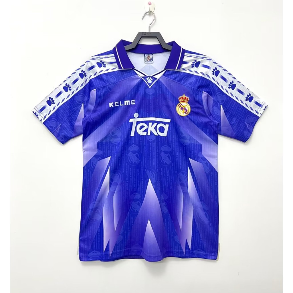 1996-97 Real Madrid away เสื้อยืดแขนสั้นกีฬาฟุตบอลย้อนยุค