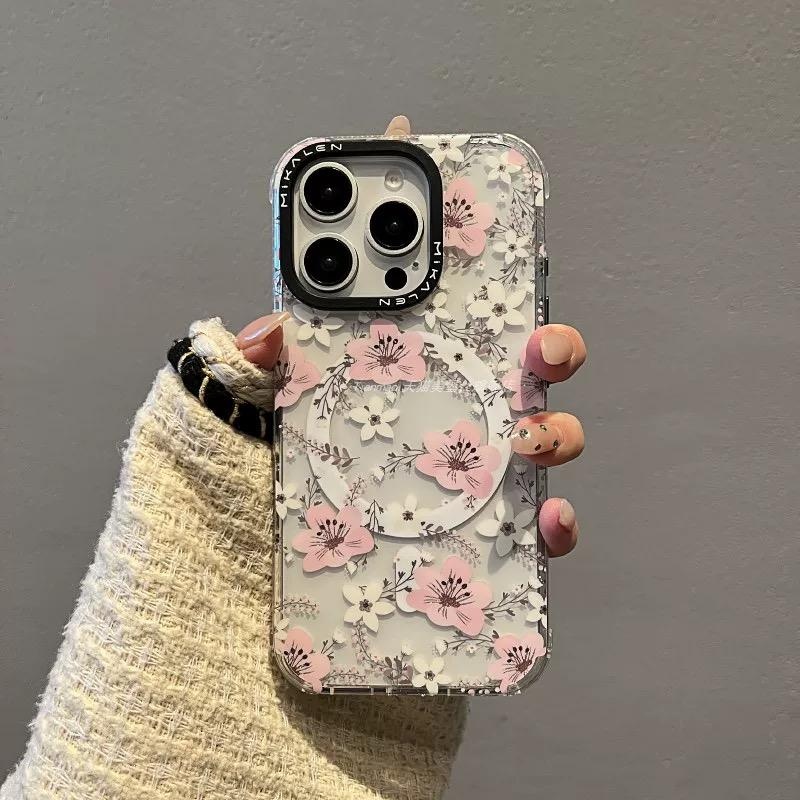 สําหรับ iPhone16 16 Pro 16 Pro max 15 14 Pro max เคสโทรศัพท์สไตล์ดอกไม้โปร่งใสขนาดเล็กสดรวมทุกอย่างเคสป้องกันการตก