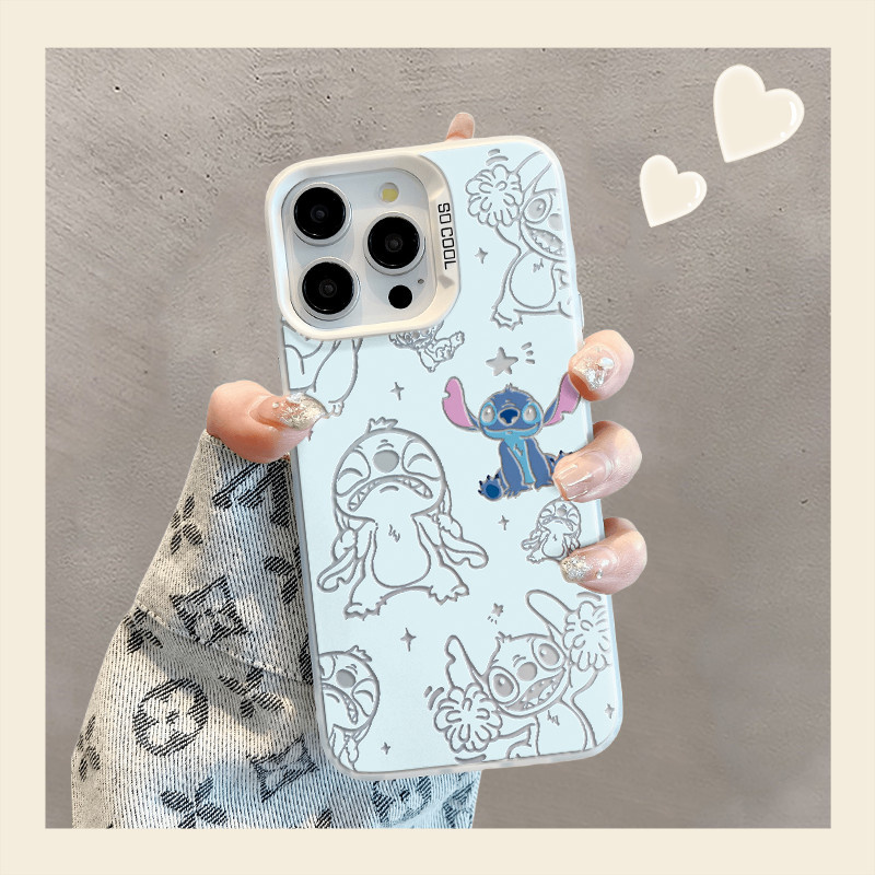 Disney Stitch สำหรับ iPhone 16 15 14 13 12 11 Pro Plus MAX x XR XS MAX border พิมพ์ All-Inclusive fullcover กันกระแทก