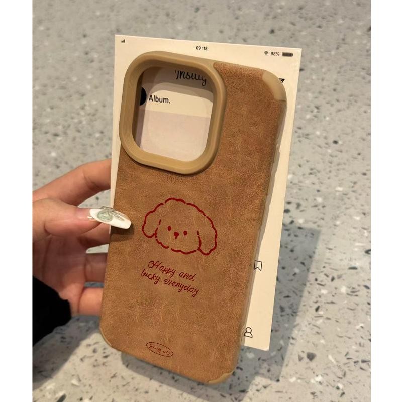Ins สีแดงหยิกสุนัขรูปแบบหนังสีน้ําตาลสี่มุม Anti-Fall เคสโทรศัพท์สําหรับ iPhone 16 Promax 15 Promax 12 13 14plus 11 Pro Max X XS XR XS Max