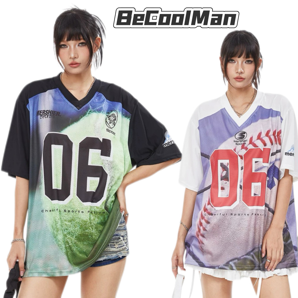 Becoolman อเมริกันย้อนยุคกีฬาย์แขนสั้นจดหมายพิมพ์คอวีเสื้อยืดลําลองระบายอากาศทุกการแข่งขันคู่เดียวกันด้านบน