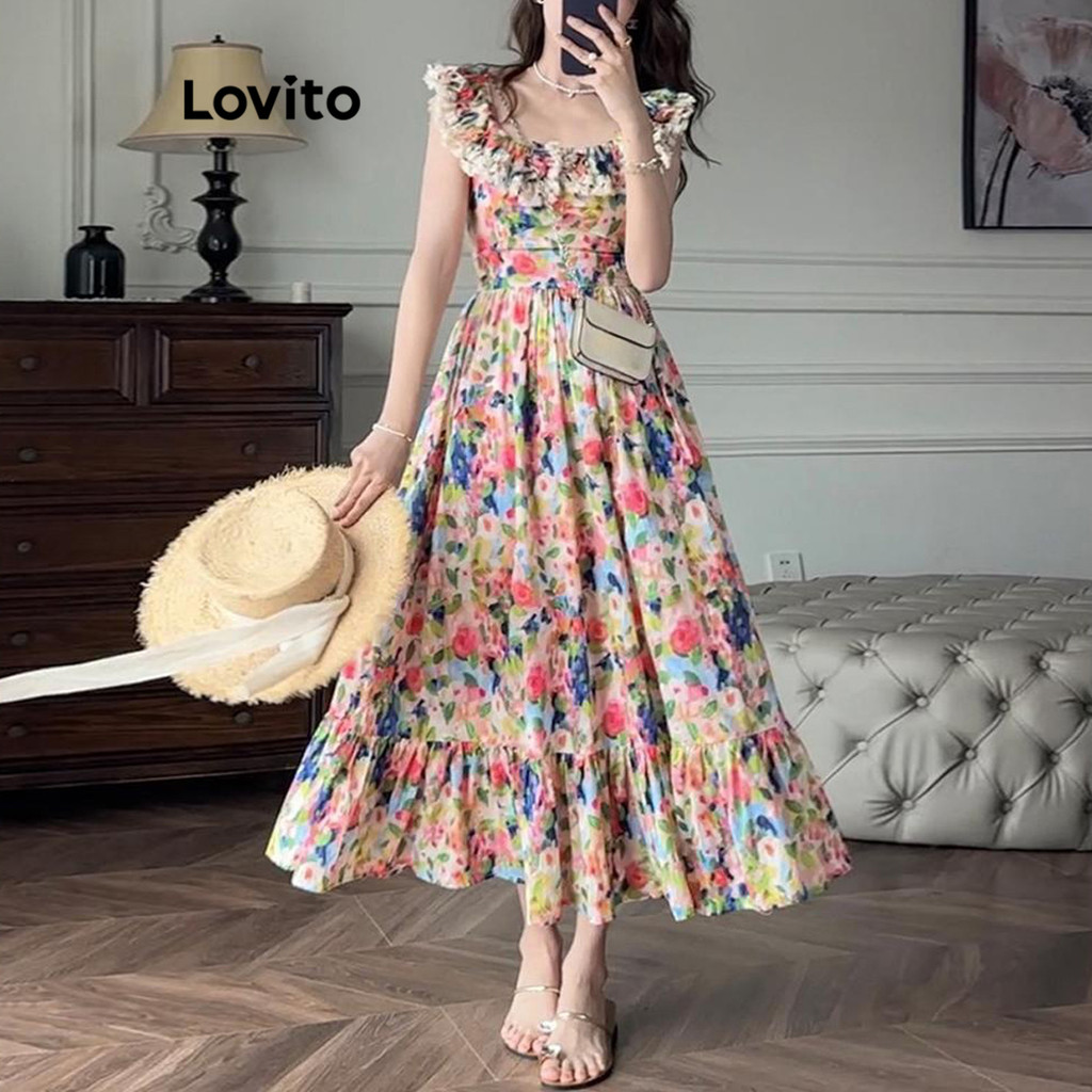 Lovito ชุดเดรสผู้หญิง แต่งจีบย่น มีระบาย พิมพ์ลายดอกไม้ สไตล์ลำลอง LNA53103