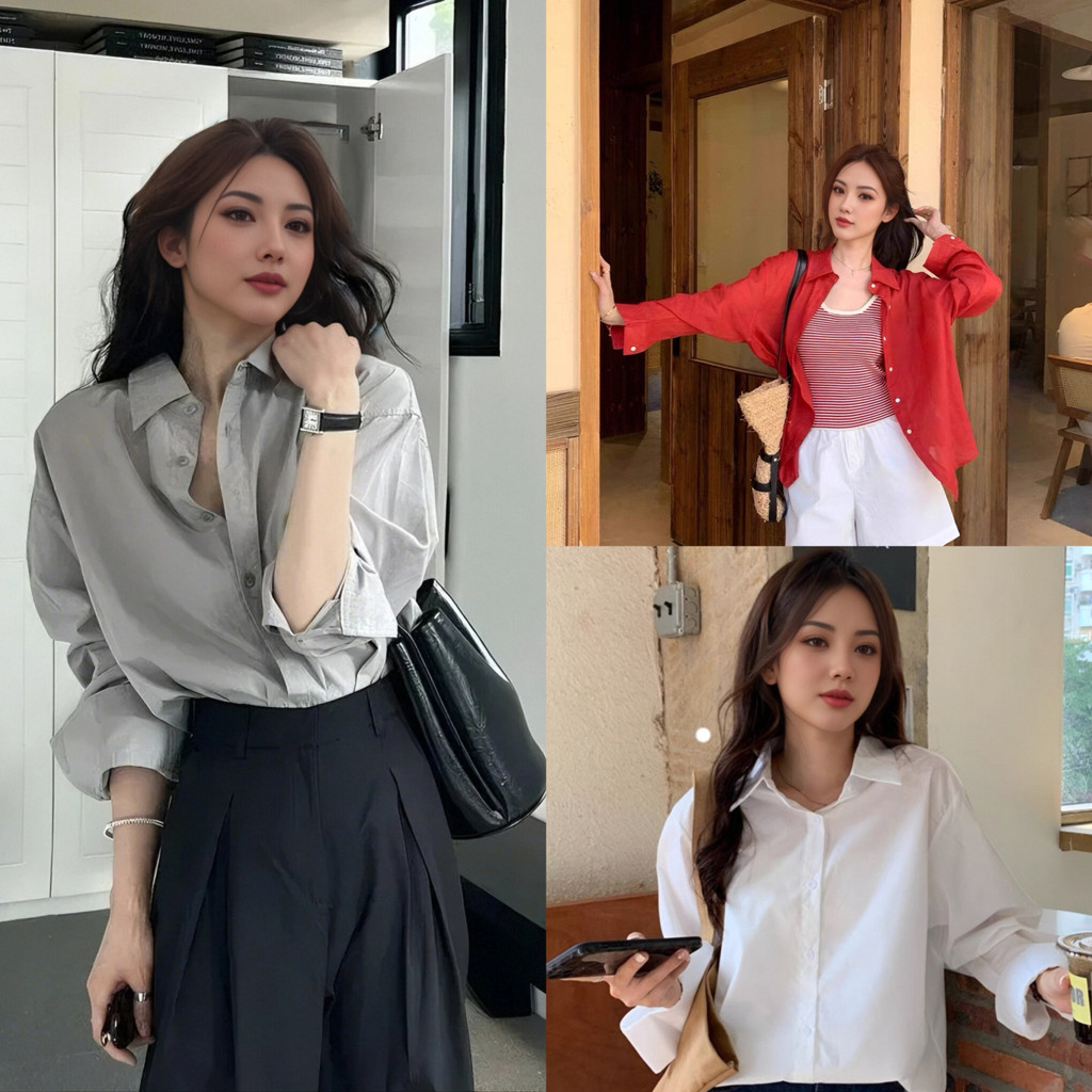 เสื้อเชิ้ตแขนยาวคอปกสไตล์เกาหลี สีเรียบง่าย เพิ่มความชิคให้กับทุกลุคของคุณ