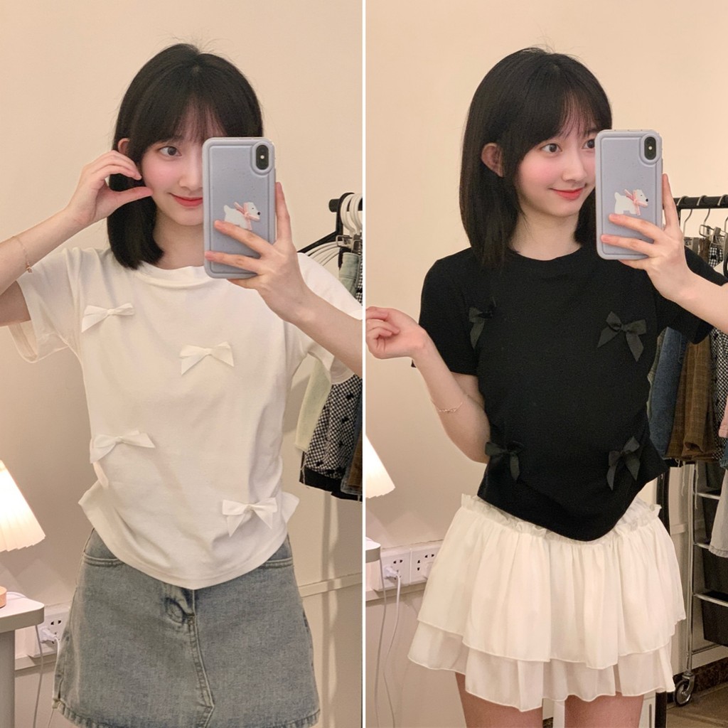 Betty house พร้อมส่ง เสื้อยืดผู้หญิง เสื้อยืดขาว สาวหวาน ดีไซน์เก๋ไก้จีบ แต่งโบว์ขนาดใหญ่ สไตล์เกาหลี