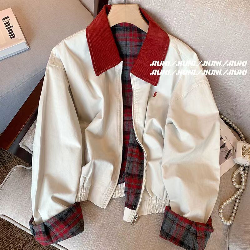 American Contrast Color Lapel ปักเสื้อแจ็คเก็ตสั้นผู้หญิงใหม่ฤดูใบไม้ร่วง Sweet Cool Casual Retro Slimming เสื้อ