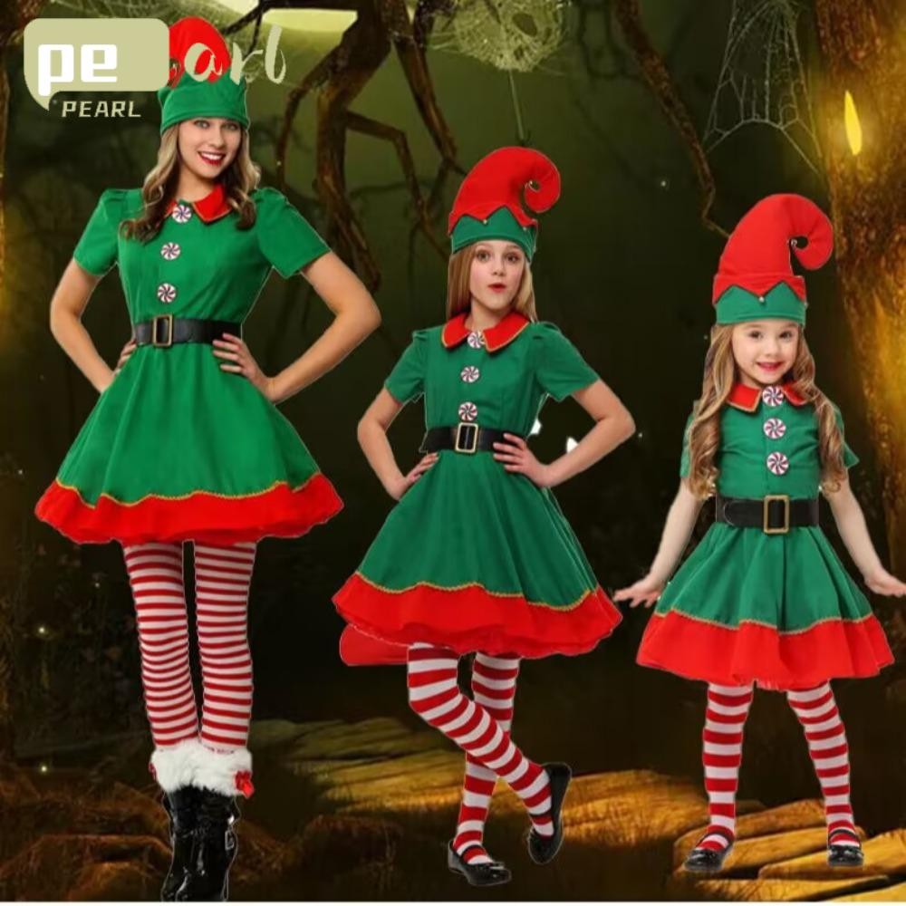 Pearlth Family Matching Set,เด็กผู้ใหญ่สีเขียวคริสต์มาสเอลฟ์เครื่องแต่งกาย,ปีXmasสูทสาวชุดแฟนซี 2024 คอสเพลย์เสื้อผ้า