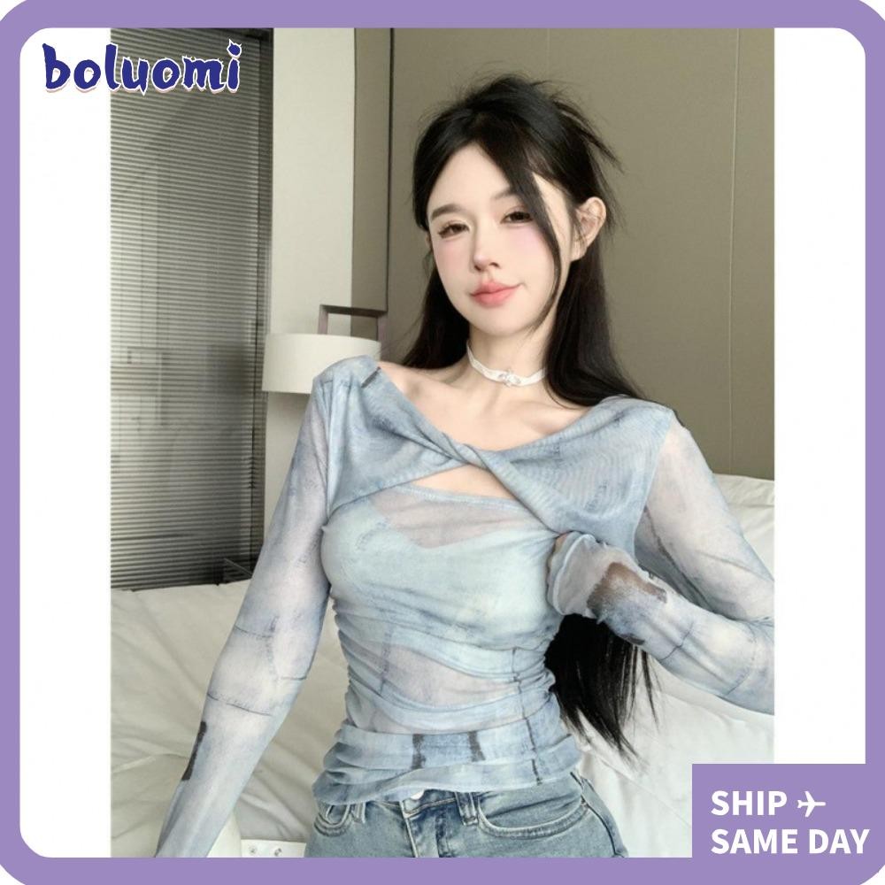 Bolumi Vintage Hottie Cropped Tops, Causal Tie Dye Mesh เสื้อยืดแขนยาว, Stylish Slim Terylene Slim-fit เสื้อผู้หญิง