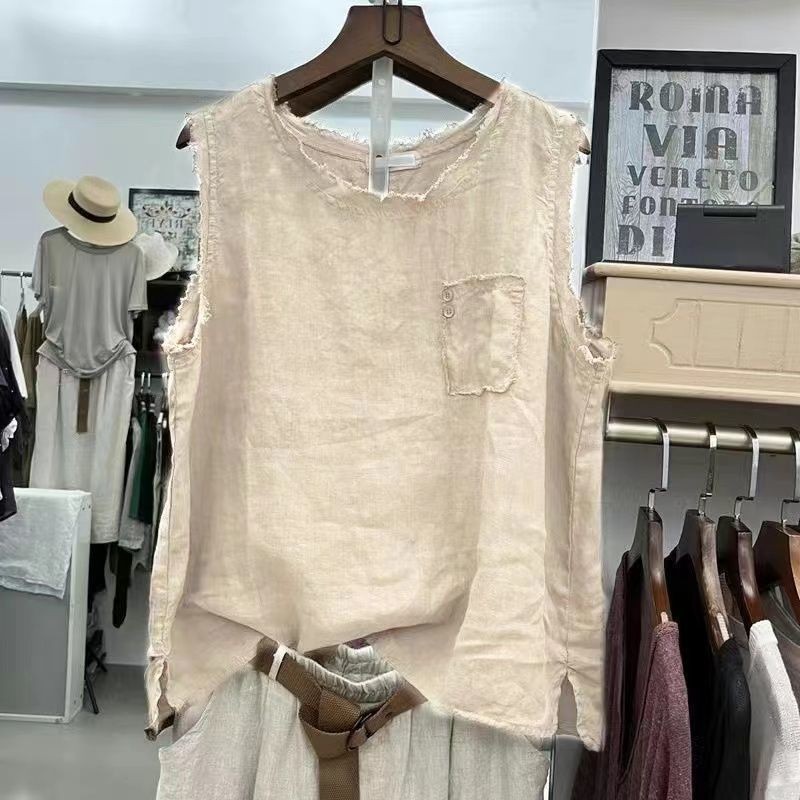 ฤดูร้อนขนาดบวก150กิโลกรัมผ้าลินินฝอยคอกลมเสื้อกั๊กศิลปะผ้าฝ้ายผ้าลินินผู้ชายหลวมแขนกุดด้านบน
