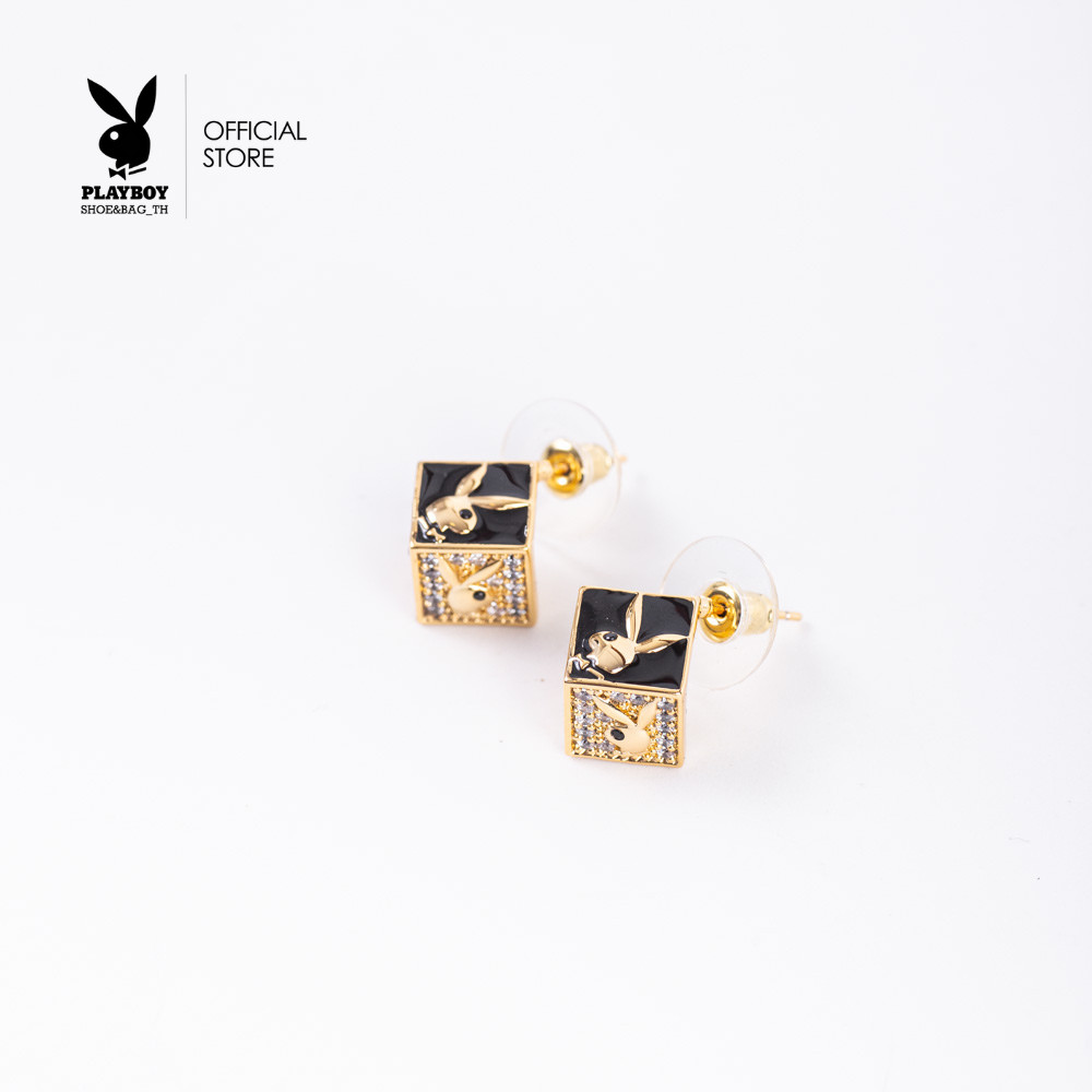 PLAYBOY เพลย์บอย ต่างหูดีไซน์ลูกบาศก์สลับลายละ2ด้าน ชุบโลเดียมสีทอง รุ่นST-242E350CG