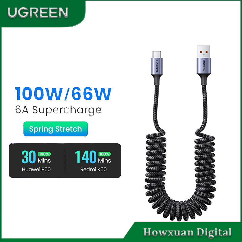 UGREEN 6A 100W Type C Cable Spring Pull Telescopic Car Fast Charging Cord