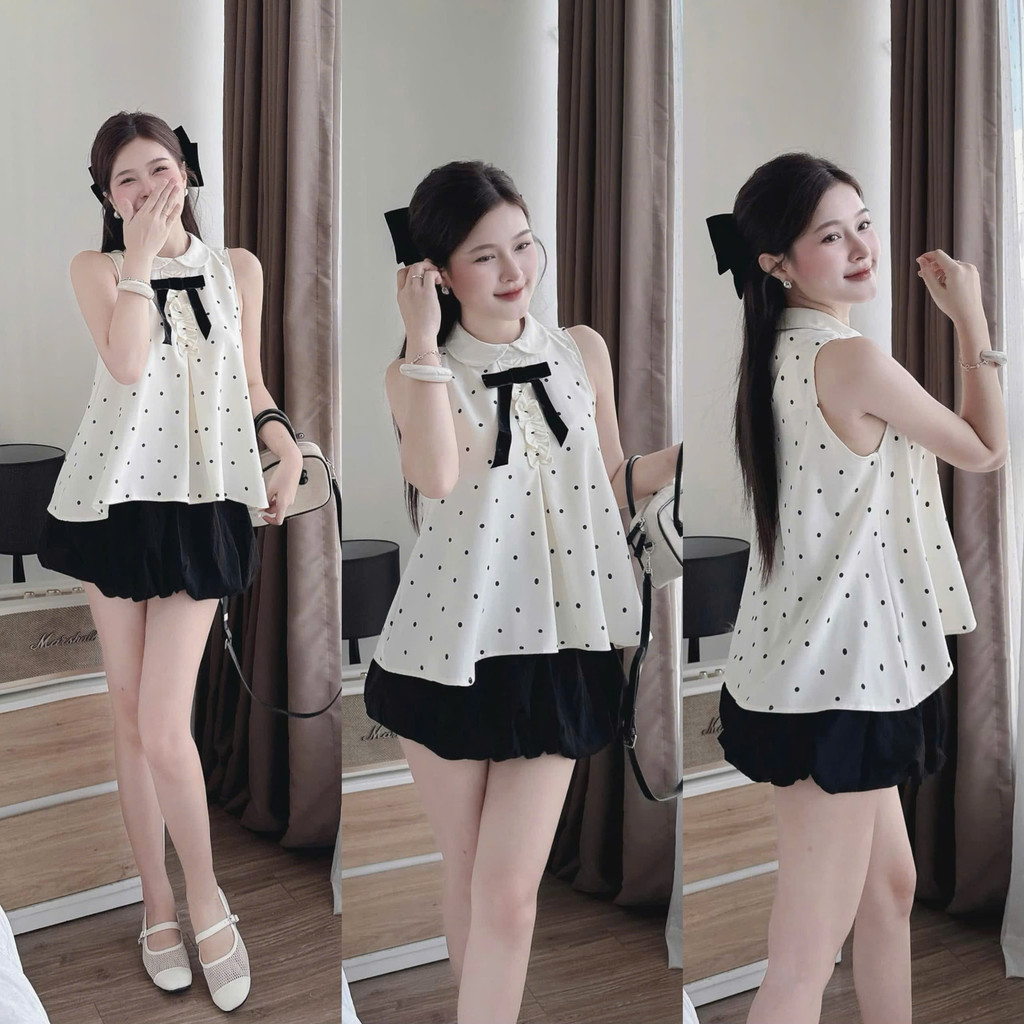 เสื้อใต้วงแขนผู้หญิงลายจุดปกระบายด้วยโบว์น่ารักสุดกระโปรงฟักทองมีซับในเสื้อมีโบว์