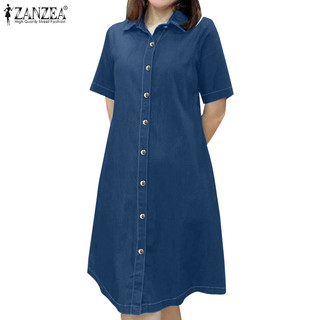 ZANZEA Women Korean Vintage Leisure Turn-Down-Collar Short Sleeve Button Up A-Line Shirtdress