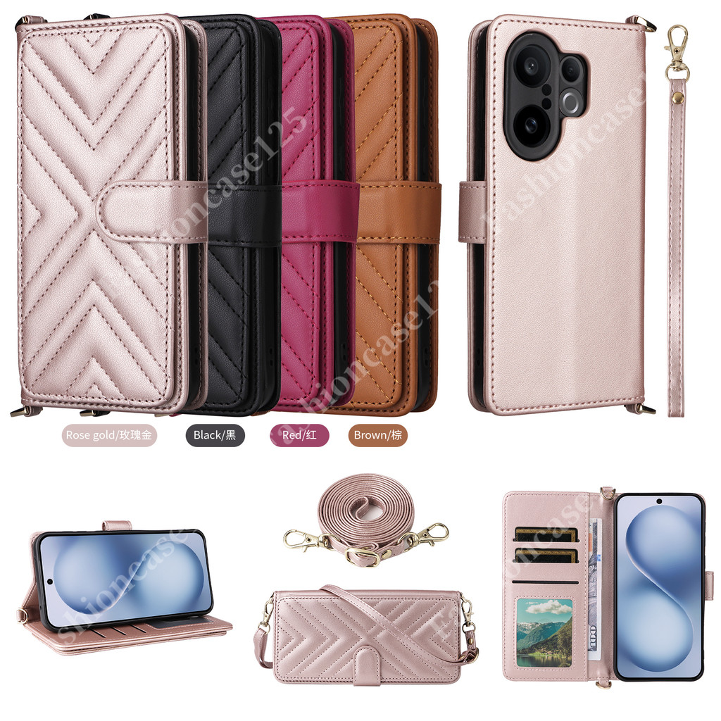 Vivo X200 FE 5G สําหรับ Vivo X200FE ProMini 2025 Multi functional หนังฝาครอบโทรศัพท์ปลอกช่องใส่การ์ดกระเป๋าสตางค์ขาตั้ง Soft TPU Edge กันกระแทกกันชน Lanyard Cross เชือก