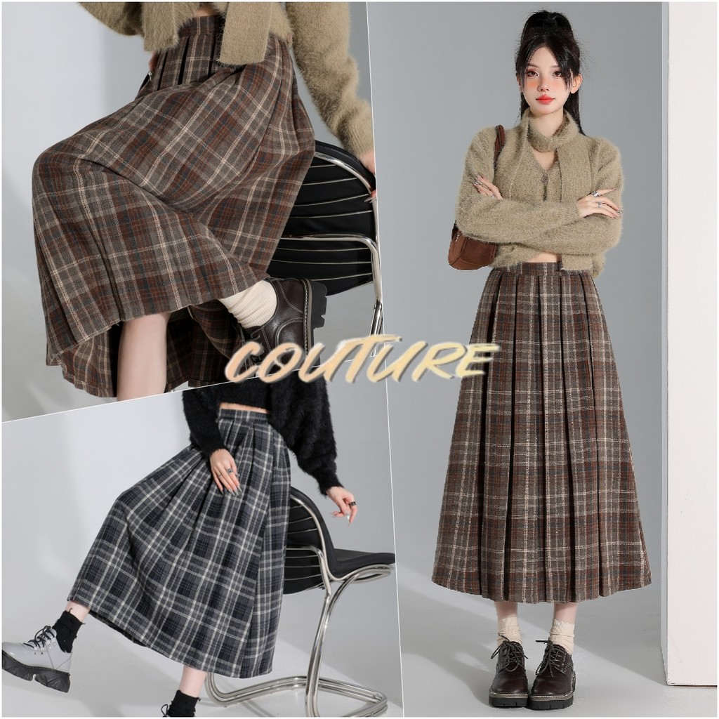 Couture กระโปรงสก็อตสตรีทรงเอวสูงชายกระโปรงพลิ้ว ความยาวมิดิทรงทันสมัย (2 สี)