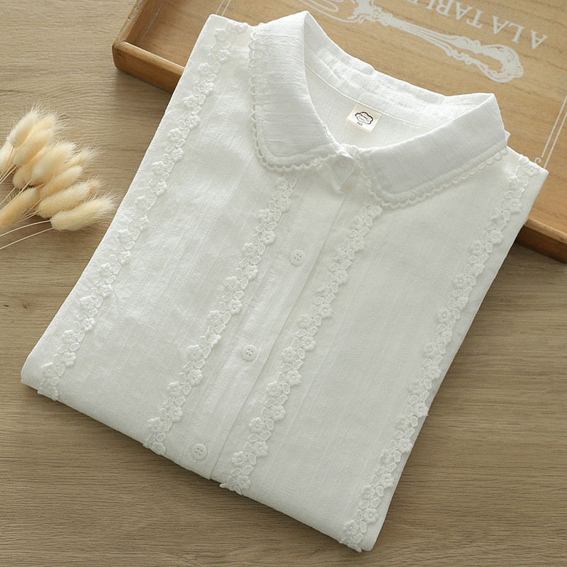ที่มีคุณภาพสูงผู้หญิง100%ผ้าฝ้ายเสื้อเสื้อฤดูใบไม้ร่วงใหม่เสื้อเกาหลีรุ่นหวานเย็บปักถักร้อยผ้าฝ้ายแขนยาวสีขาวเสื้อลําลองฐานสูงสุด