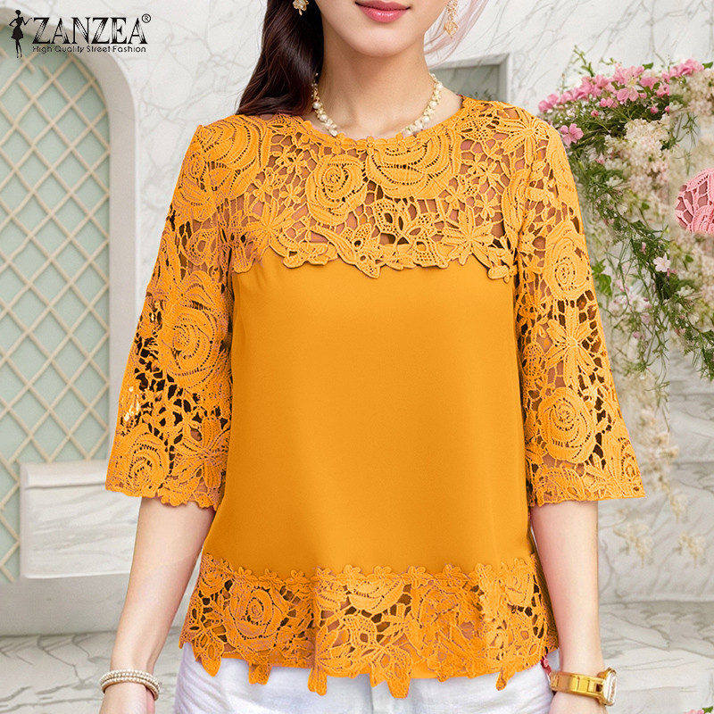 ZANZEA ซานเซีย เสื้อลูกไม้โครเชต์สำหรับผู้หญิง สไตล์เกาหลี แสงหรูหรา มีรอบคอยาวถึง 3/4 และแขนกลวง — صورة 5