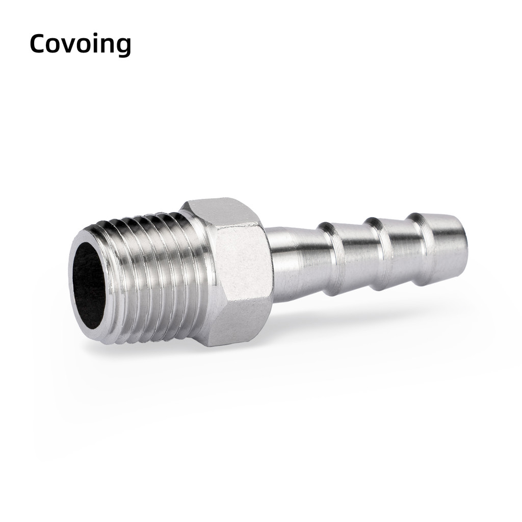 Covoing ข้อต่อบาร์บสแตนเลส 304 หกเหลี่ยม เกลียวนอก สำหรับต่อท่ออ่อน ท่อยาง และท่อน้ำ แบบบาร์บ (Hose Barb) แข็งแรง ทนแรงดัน ทนการกัดกร่อน ขนาด 1/4 นิ้ว เหมาะสำหรับระบบน้ำ ระบบลม และงานอุตสาหกรรม