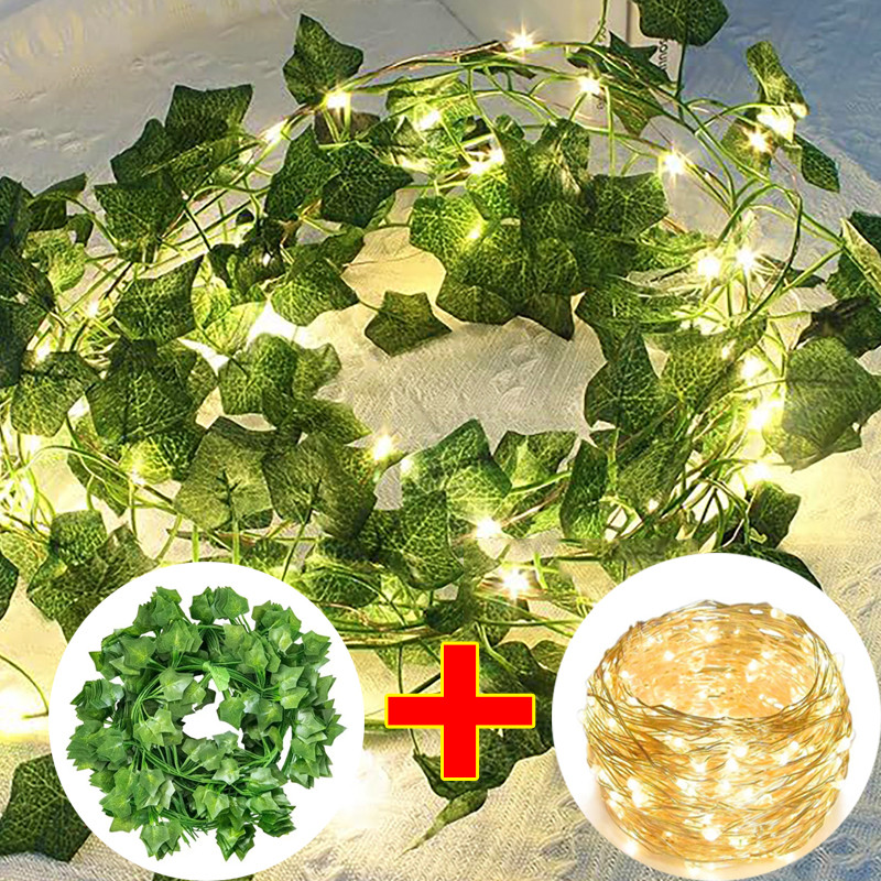 พวงมาลัยไม้เลื้อยประดิษฐ์อเนกประสงค์พร้อมไฟตกแต่งลวดทองแดง | พืชผ้าไหมเหมือนจริง