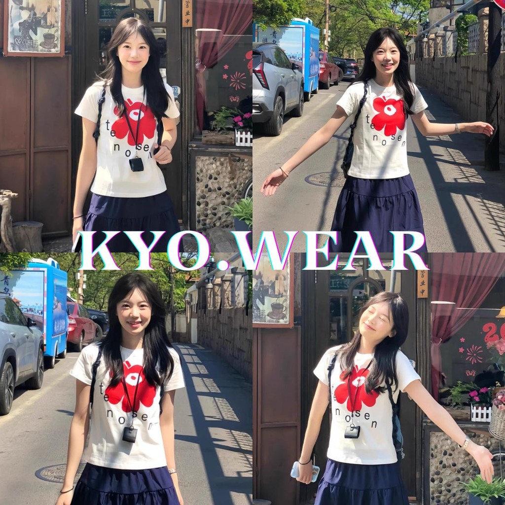 KYO 🌸 เสื้อเกาหลี ผู้หญิง"TCRP flowers"พิมพ์ลาย ผ้าCOTTON โคตรนุ่ม สลิมฟิต เรียบง่ายและมีสไตล์ rเสื้อทรงซ้อ เสื้อคอกลม