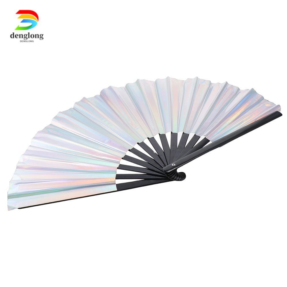 TENGLONG Silver Laser Rave Hand Fan, Silver Bamboo Large Folding Hand Rave Fan, Stylish Large Bamboo Holding Hand Fan พัดลมพับขนาดใหญ่ปาร์ตี้สีสดใส