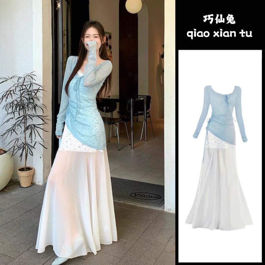 折叠风腰显瘦甜美网红碎花连衣裙罩衫上衣穿两件套女夏季Pure desire ลม, เอว cinching, slimming, ตาข่ายหวาน, ดอกไม้ Suspender3e5x9s