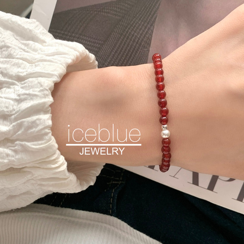 Iceblue-S925 เงิน 4 มม.ธรรมชาติอาเกตสีแดงลูกปัดเงิน Swar * vski Pearl สร้อยข้อมือ Handmade ยืด Elegant สร้อยข้อมือลูกปัดสําหรับผู้หญิง B35