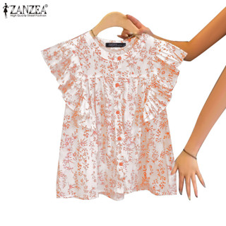 เสื้อลายดอกไม้สำหรับผู้หญิง สไตล์เกาหลี แขนจีบ มีการตกแต่งที…