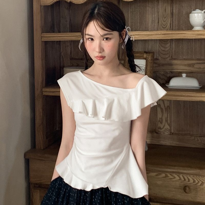 shayne-เสื้อยืดสตรี รุ่นปิดไหล่ แสดงผอม ประเภทรุ่น Slim Fit หวาน สาวฮอต แฟชั่นสบาย ๆ แผนกฮัน