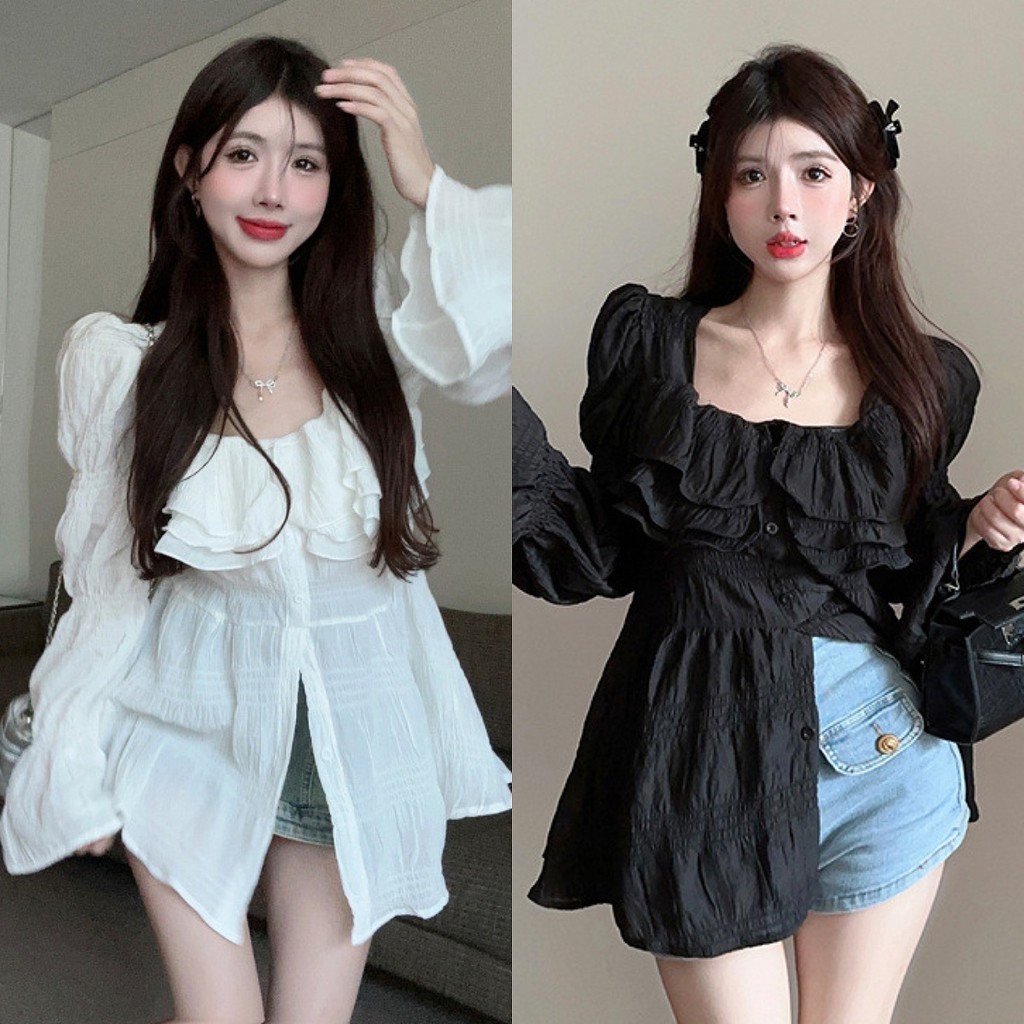 เสื้อแขนยาวอกแต่งขนมชั้น สม็อคหลัง ทรงคอเหลี่ยม ดีไซน์กระดุมแต่ง งานผ้าชีฟองบาง ใส่สบาย ทรงสวย แมทซ์ลุคง่าย