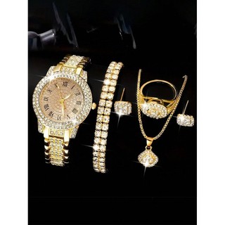 Diamond Roman Dial Watch & Jewelry Set 6-Piece Steel Strap Quartz Birthday Graduation Gift, For Christmas Gift
