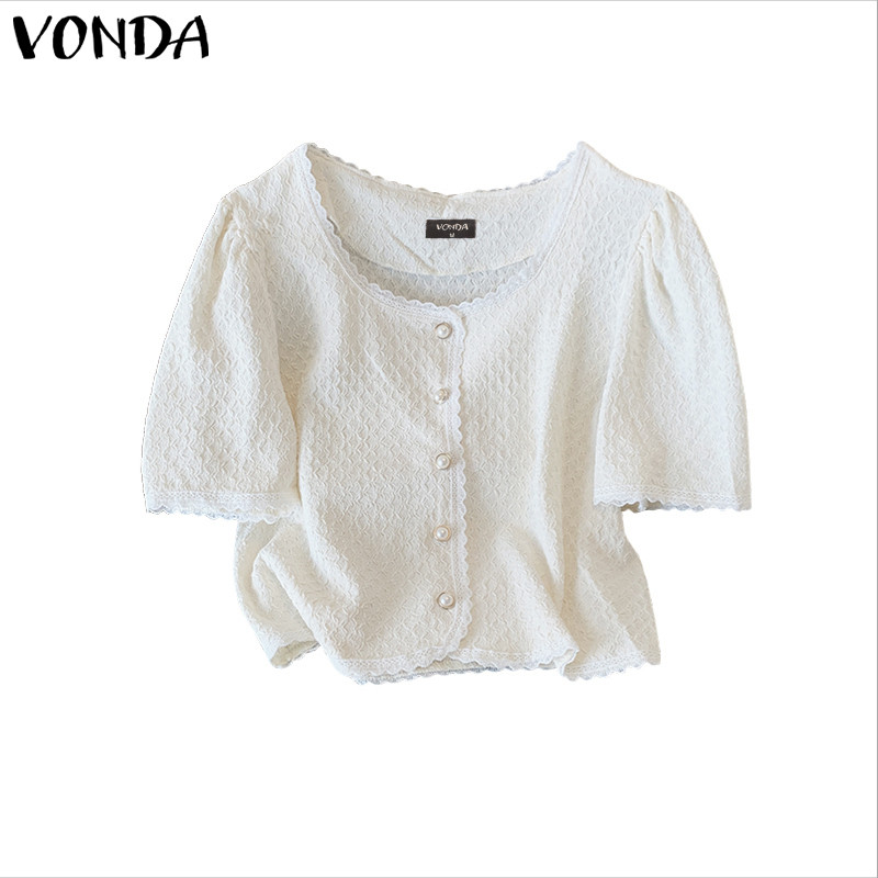 VONDA เสื้อเบลาส์สำหรับผู้หญิง ดีไซน์เกาหลี แขนลูกไม้ ทรงพัฟ ซึมซับได้ดี มีกลิ่นหอม