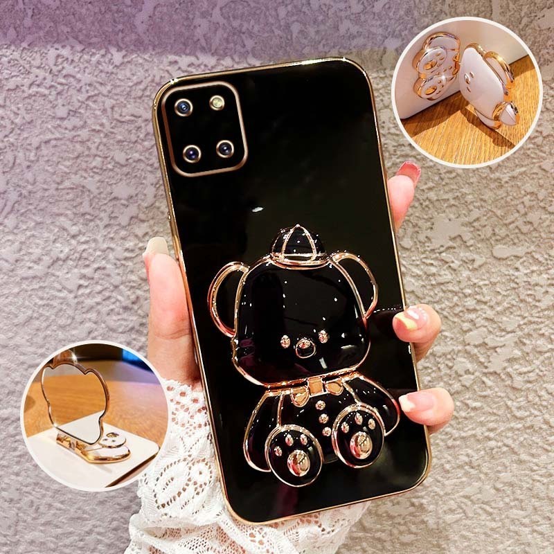 ปลอกกันกระแทกเคสโทรศัพท์สําหรับ Samsung Galaxy Note10 Lite S10 Lite 2020 A81 A91 น่ารัก 3D Hatted Baby Bear Stand Bracket กรณีป้องกัน