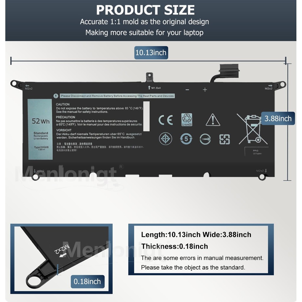 52Wh DXGH8 แบตเตอรี่สําหรับ Dell XPS 13 9370 9380 7390 Inspiron 13 7000 7390 7391 2-in-1 5390 5391 7