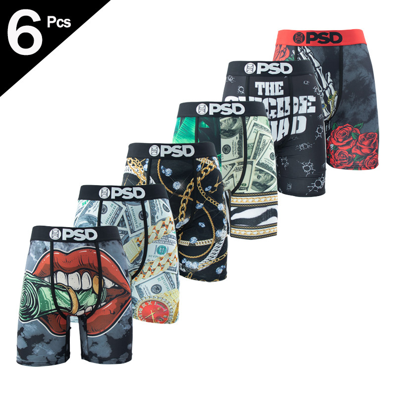 ชุดชั้นในสำหรับผู้ชายแบบเซ็กซี่ 6 ชิ้น กางเกงนักมวยตาข่ายระบายอากาศ ออกแบบพิมพ์สวยงาม