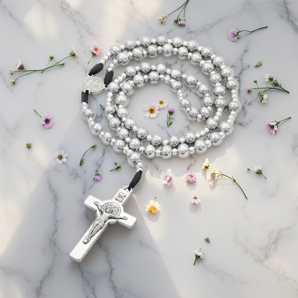 8MM SILVER BENEDICT ROSARY / CATHOLIC BENEDICT ROSARY NECKLACE / ORIGINAL CATHOLIC ROSARY CROSS / CO