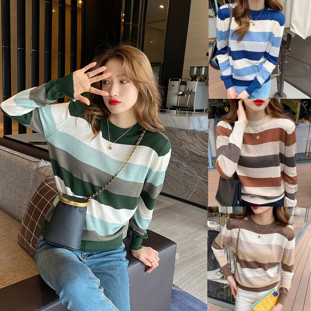 Dahong ⭐️ 88009 เสื้อสเวตเตอร์ลายทางผู้หญิงต้นฤดูใบไม้ร่วง สวมใส่ง่าย เสื้อแขนยาวเสื้อถักไหมพรม