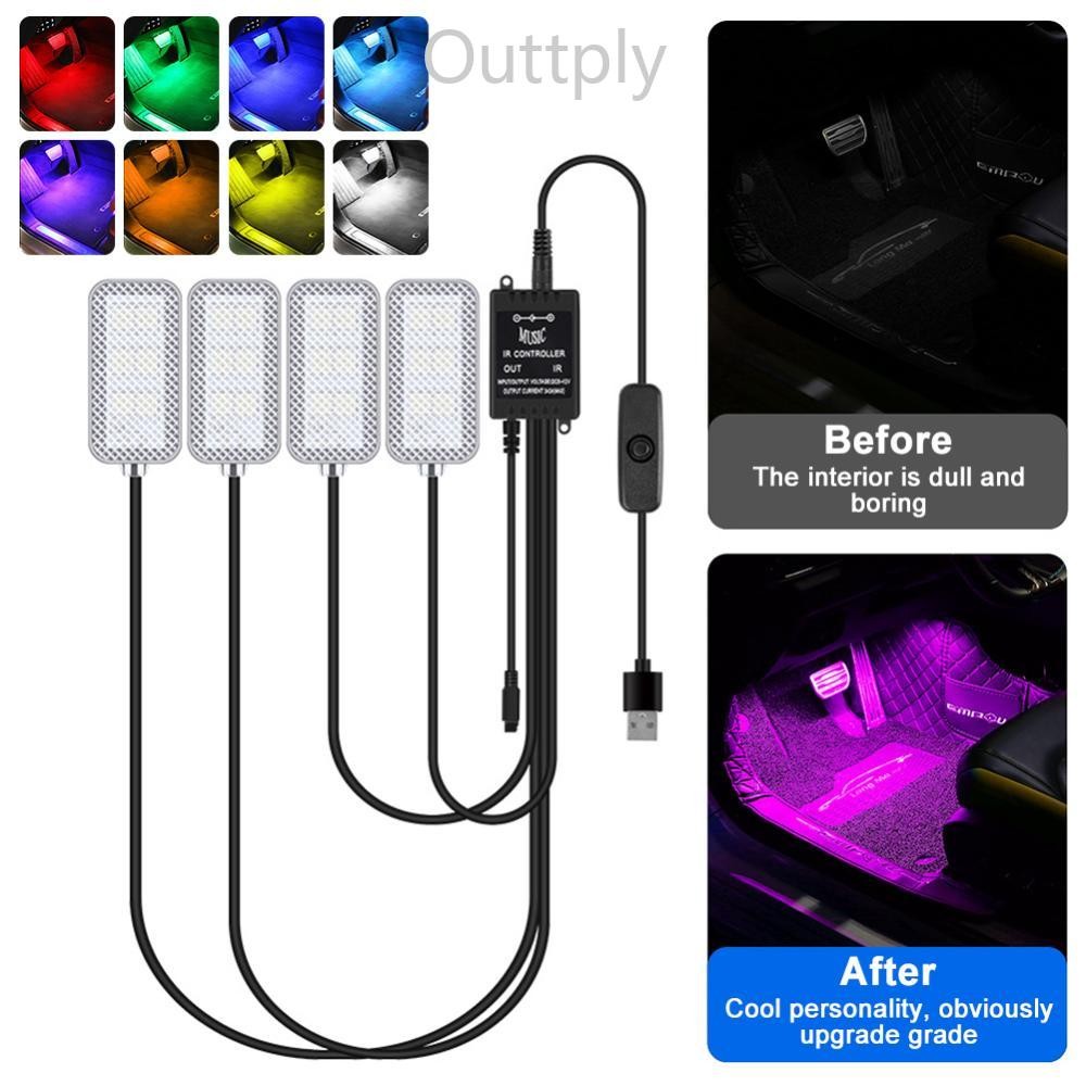 Outtply 4 ชิ้น/เซ็ต 12V 5V USB LED ภายในรถบรรยากาศ Backlight Ambient อารมณ์เท้าตกแต่ง APP รีโมทคอนโท