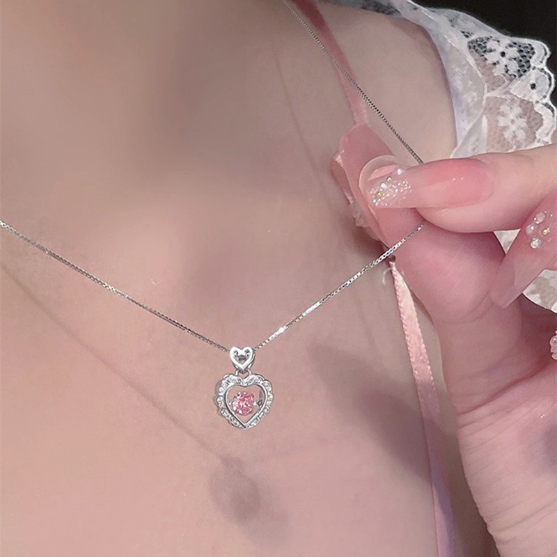 สร้อยคอ ลายหัวใจ จี้สีชมพู ประดับเพชร หรูหราหวาน แฟชั่นเกาหลี เครื่องประดับสำหรับผู้หญิง